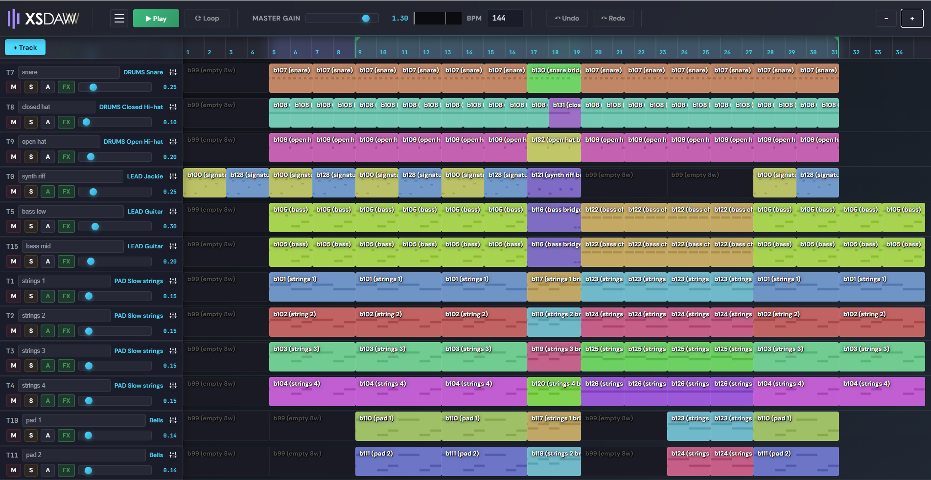 XSDAW Track View — full song timeline